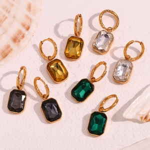 Detailed view of 18K gold plated hoop earrings with colorful rectangular zircon pendants