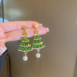Christmas Tree Drop Earrings With Green Rhinestone Faux Artificial Pearl And Silver Earring Post Retro Festive Elegant Jewelry For Women