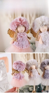 Detail of plush Christmas angel dolls with gold sequin wings and layered mesh skirts