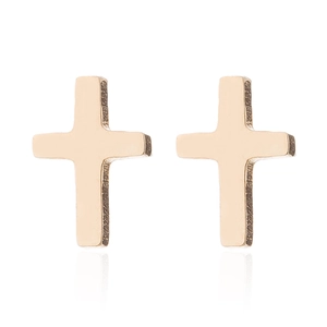 Minimalist stainless steel cross stud earrings in rose gold finish with natural reflection
