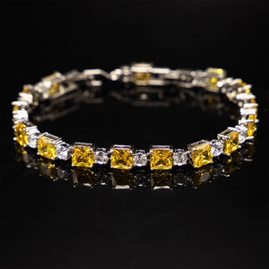 Elegant silver bracelet with square yellow gemstones and round AAA cubic zirconia crystals
