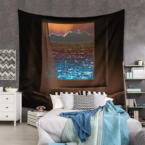 Detail of high-definition ocean sunset tapestry showing the vibrant colors and smooth texture