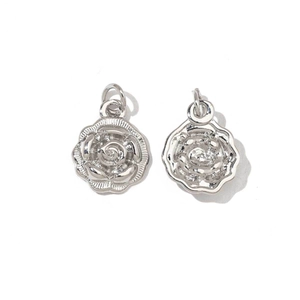 Detail view of rose charms in polished silver finish with braided texture and ring loops