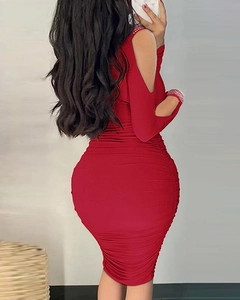 Slim fit red ruched long sleeve dress featuring an off-shoulder design and bodycon fit