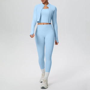 Three-piece light blue yoga set with thumb-hole jacket, sports vest, and high-waist leggings