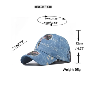 Detailed dimensions of the light blue washed denim baseball cap with vintage patches