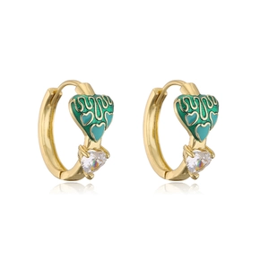 Detail of 18K gold-plated earrings with green enamel heart and sparkling zircon stone