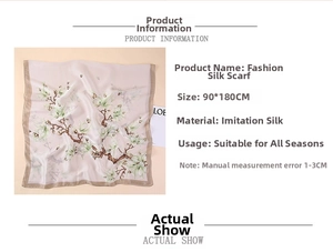 Detailed view of elegant floral print silk shawl scarf measuring 90x180cm for women