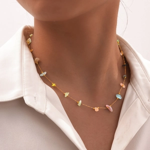 Gold stainless steel chain necklace for women with natural colorful irregular stones