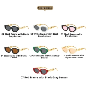 Collection of retro oval sunglasses with distinctive gold metal chain link temples