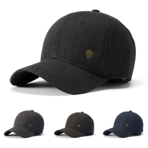 Men Winter Baseball Cap Pinstripe Warm Windproof Fleece Lined Ear Protection Outdoor Casual Hat Metal Shield Decor