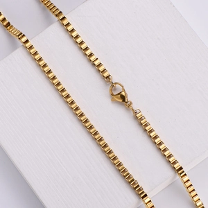 18k gold plated stainless steel box chain necklace with lobster clasp on white background