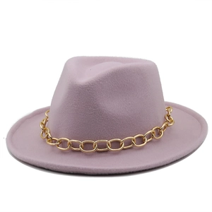 Chic mauve wool fedora hat with gold chain link trim for women in retro jazz style
