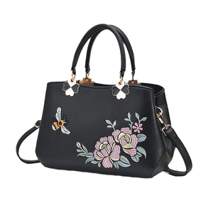 Elegante borsa a mano in pelle PU nera con ricamo floreale e dettagli dorati da donna