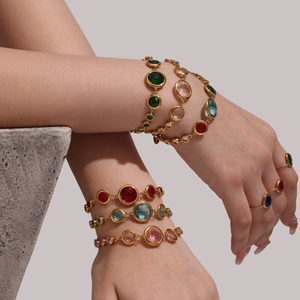 Elegant 18k gold plated bracelet and ring set with colorful round cut cubic zirconia stones