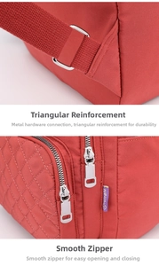 Macro detail of red quilted nylon bag showing reinforced stitching and silver metal zipper