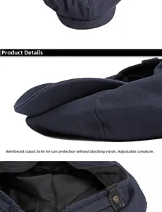Detail view of navy cotton newsboy cap featuring reinforced brim and metal button accents