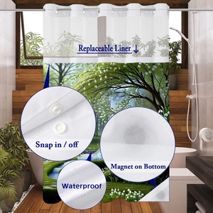 Detail of waterproof waffle shower curtain with snap-off liner and magnetic bottom
