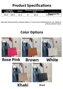 Infographic showing PU leather tote bag dimensions and five colors with quilted pattern