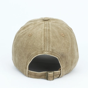 Back view of distressed khaki baseball cap featuring adjustable bronze metal buckle