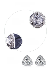 Detailed view of S925 silver triangle studs featuring high-grade 5A cubic zirconia stones
