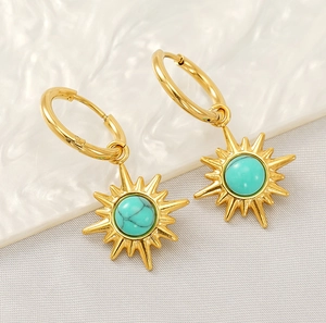 Detail of 18K gold starburst hoop earrings featuring a vibrant turquoise center stone