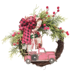 Christmas wreath with red truck, pine needles, red berries and plaid bow on white background