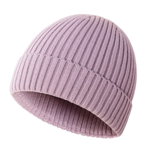 Detailed view of lavender knit baby beanie with elastic vertical ribbed pattern design