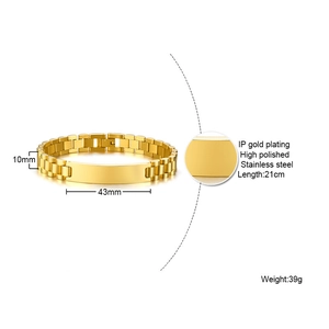 Detail of 10mm wide IP gold plated stainless steel bracelet with 43mm ID tag plate