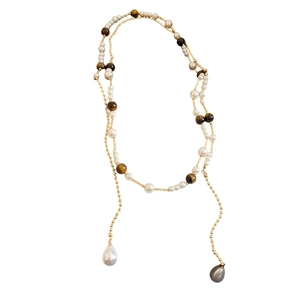 Vintage long pearl and tiger eye stone necklace with gold metal chain details
