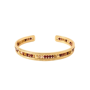 Gold plated open cuff bracelet featuring bohemian style colorful round stone beads on rails