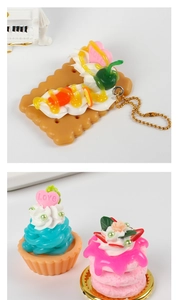 Detailed close-up of colorful resin miniature waffles and cupcakes with cream textures