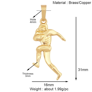 Tableau des tailles détaillé pour pendentif footballeur en laiton doré et mesures