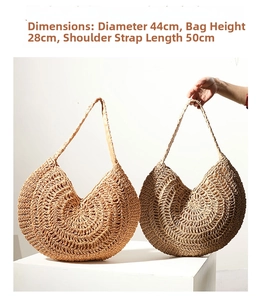 Detailed dimensions for the straw tote bag: 44cm diameter, 28cm height, 50cm strap length