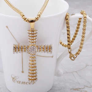 Gold hip-hop cross pendant necklace with diamonds on a stylish box chain design