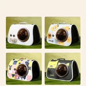 Portable pet space capsule backpack with transparent window and cartoon cat patterns