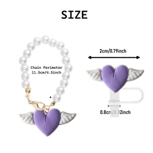 Pearl heart bracelet with purple wings charm and golden clasp for Stanley tumblers