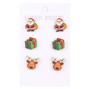 3-pair Christmas wood stud earrings set featuring Santa, gift box, and reindeer designs