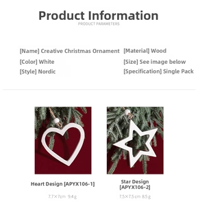 Detail of wooden heart and star ornaments with hollow design and rustic white finish