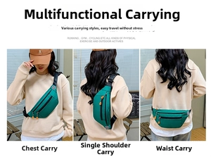 Green oxford waist bag shown in three perspectives including front, back and waist styling
