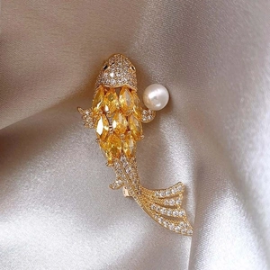 Exquisite 14K gold plated koi brooch with zircon stones and a white pearl detail