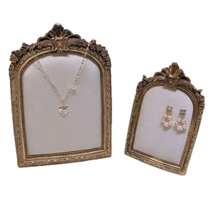 French vintage photo frame display with heart pearl necklace and earring set
