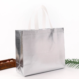 Silver laser non-woven shopping bag with grid texture and reinforced white handles