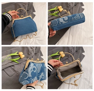 Collage of denim frame bag with cloud floral print and gold chain strap detailing