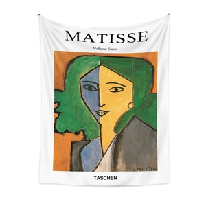 Detail of bohemian tapestry featuring Matisse portrait oil painting on fabric