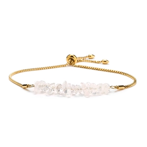 Detail of adjustable gold box chain bracelet with natural clear crystal stone inlay