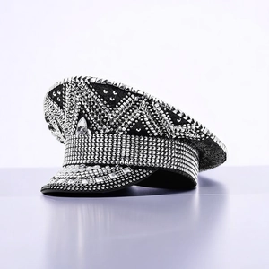 Black captain hat with silver rhinestones and studs for wedding party and punk performance
