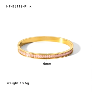 Minimalist gold titanium steel bracelet with pink rectangle-cut cubic zirconia 6mm wide