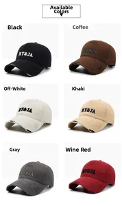 Detailed grid view of distressed baseball caps in six vintage colors with NY&JA embroidery
