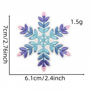 Detail view of blue and purple snowflake embroidery patch with size and weight dimensions